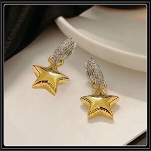 NEW GOLD SILVER STATEMENT PUFFY STAR SIMULATED DIAMOND HUGGIE EARRINGS